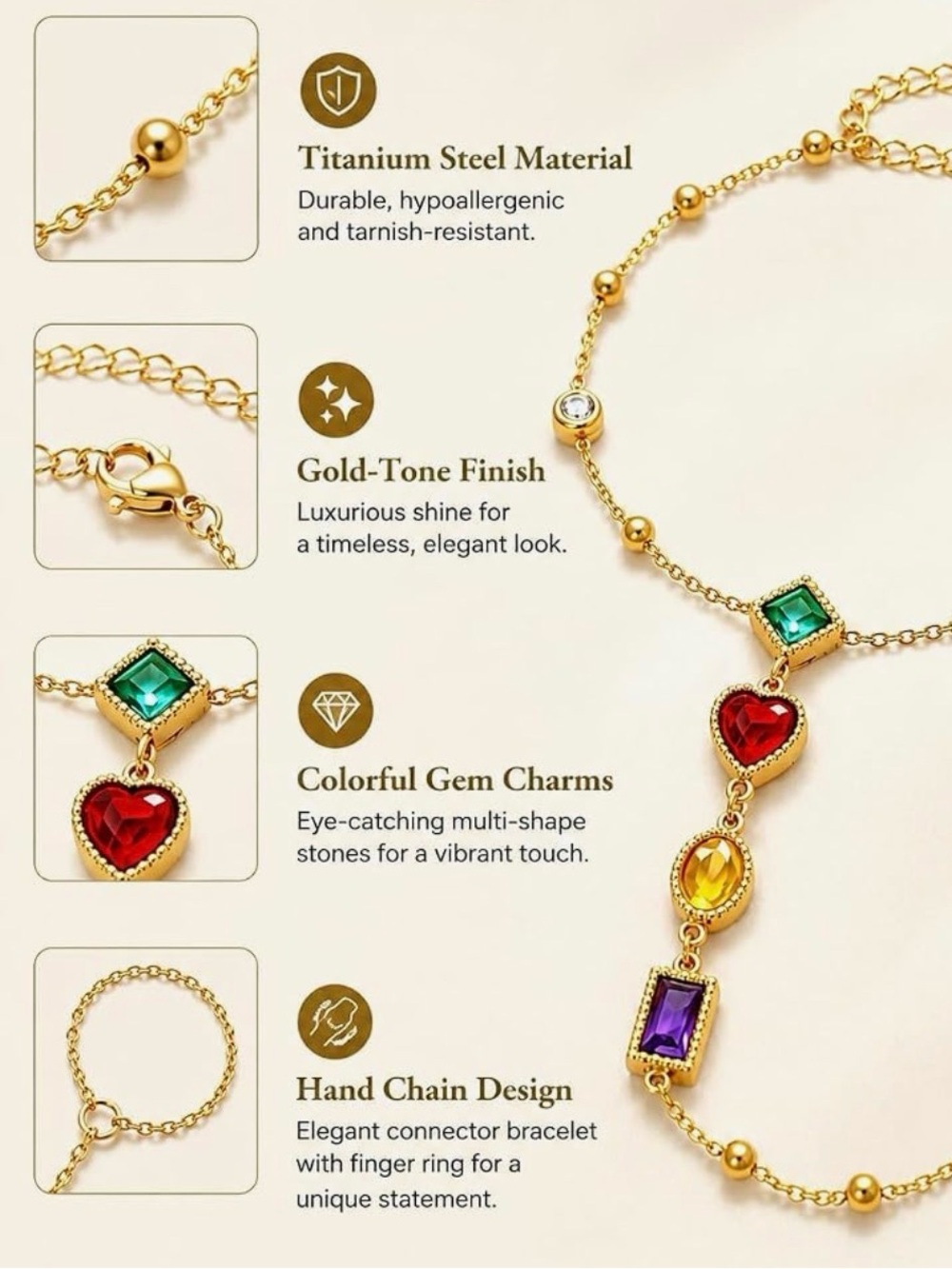 Gold Multicolor Gemstone Hand Chain Bracelet - Women Jewelry - Picture 5 of 7